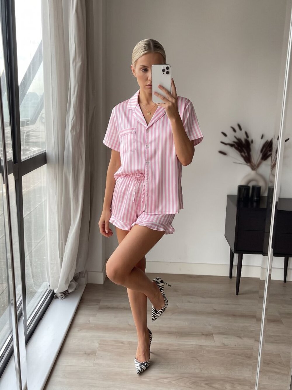 Women's Pink Striped Satin Pajama Set Short Sleeve Top Ruffle Shorts